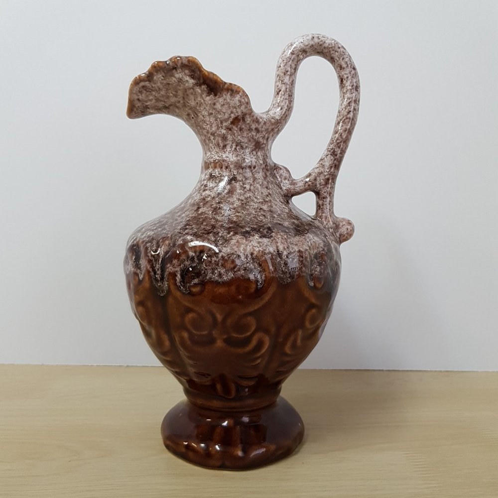 Vintage Glazed Pottery Pitcher Vase with Handle